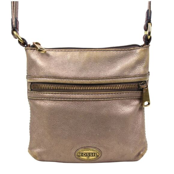 FOSSIL ANTIQUE GOLD GENUINE LEATHER ZIP TOP CROSSBODY SHOULDER BAG HANDBAG PURSE - Picture 1 of 11